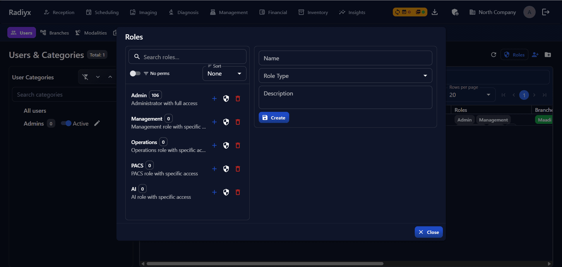 Radiyx admin control panel showing roles and permissions management