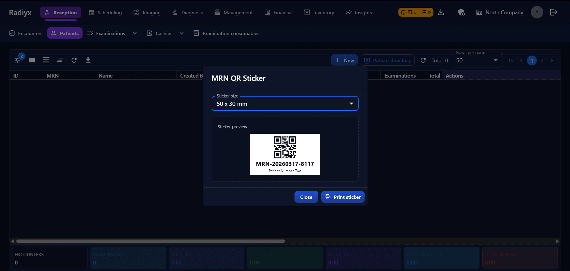 Radiyx screen for printing MRN QR code to access unified patient records
